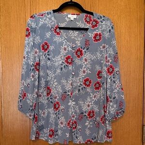 J. Jill Blue Floral V-Neck Blouse with Red Blooms